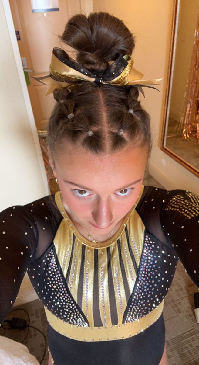 Best Cheer Hairstyles, Easy Hair For Gymnastics, Cute Competition Hairstyles, Cute Gymnastics Hairstyles For Practice, Cheer Comp Hair High Pony, All Star Cheer Hairstyles, Hair For Competition, Bubble Braid Gymnastics Hair, Competition Cheer Hairstyles