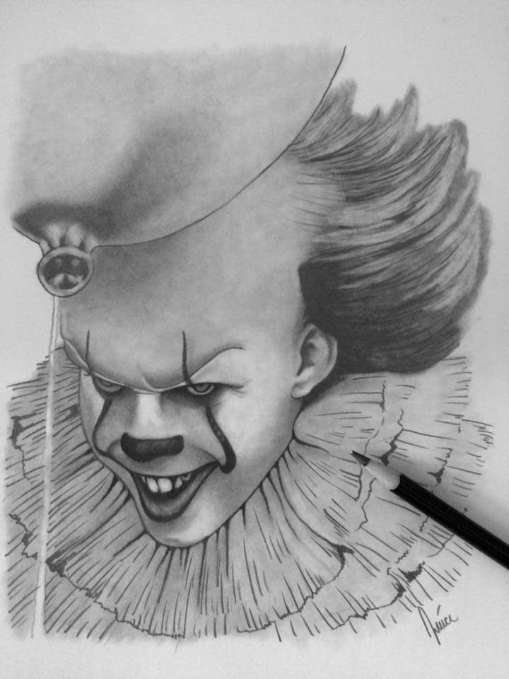 a pencil drawing of a creepy clown