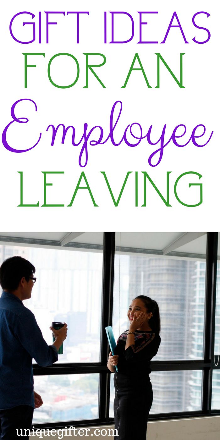 two people standing in front of a window with the words gift ideas for an employee leaving