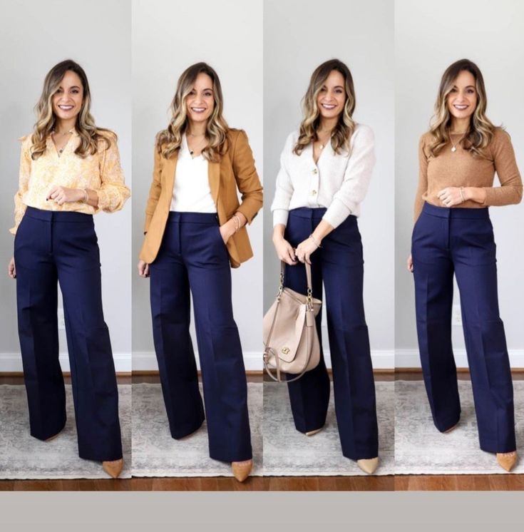 Blue And White Work Outfit, Navy Cropped Pants Outfit, Bogota Outfit, Outfit Pantalon, Pants Outfit Work, Casual Work Outfits Women, Office Casual Outfit, Professional Outfits Women, Moda Jeans