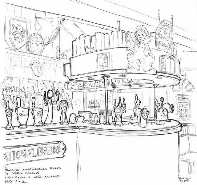 a drawing of a bar with lots of bottles on the counter and people behind it