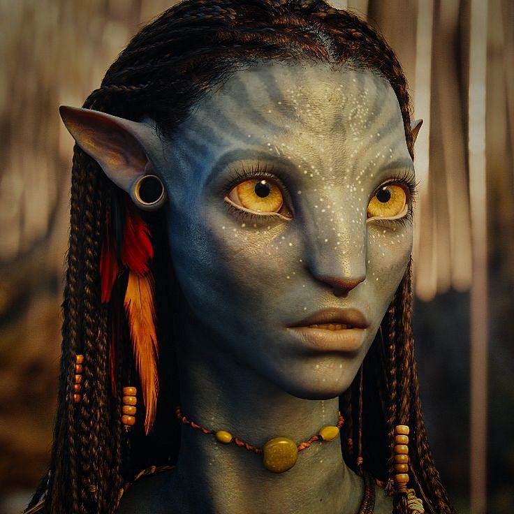 an alien woman with blue skin and yellow eyes