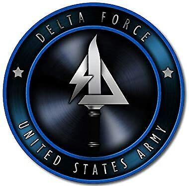 the delta force united states army emblem on a black and blue circular badge with stars