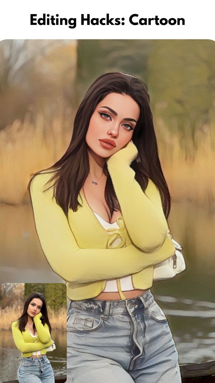 a woman in yellow shirt and jeans next to water