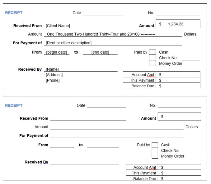 two receipts with the same amount for each payment