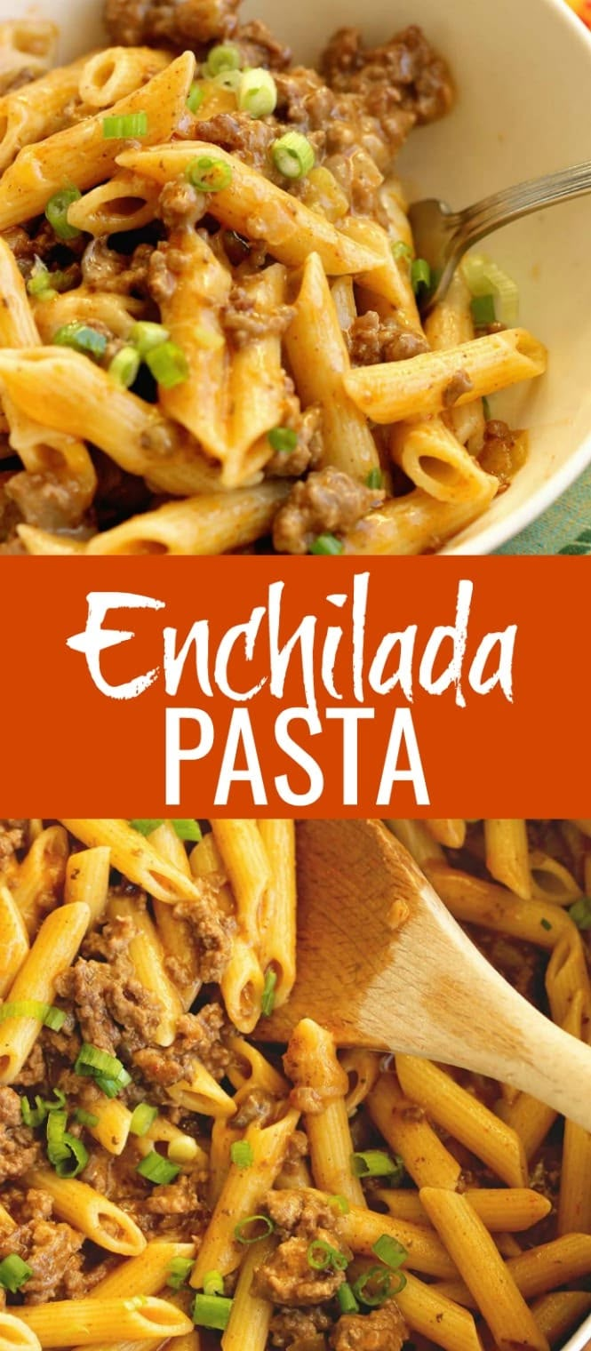 this is an image of enchilada pasta with ground beef and green onions