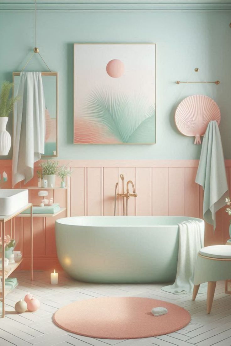 a bathroom with pink and blue walls, an oval bathtub in the center, white rugs on the floor