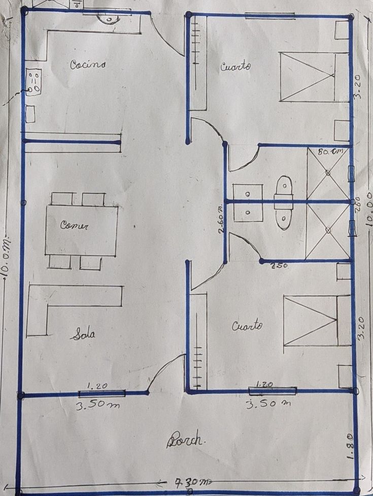 Plano de casa Económico. Small House Design Floor Plan, 1200sq Ft House Plans, Drawing House Plans, House Plans South Africa, Bungalow Floor Plans, Bungalow Style House Plans, Small House Front Design, Affordable House Plans, Small House Layout