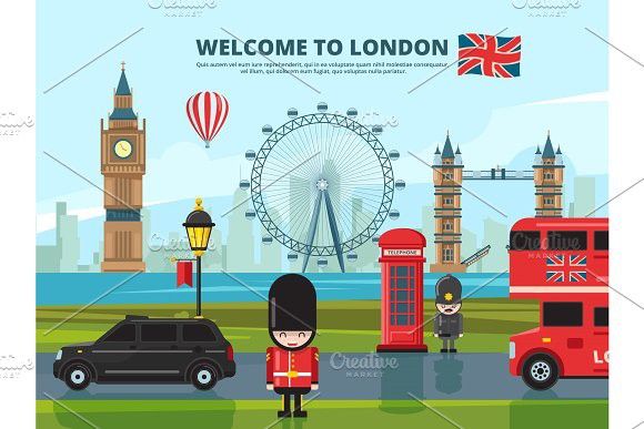 an illustration of london with the big ben clock tower and british flag in the background