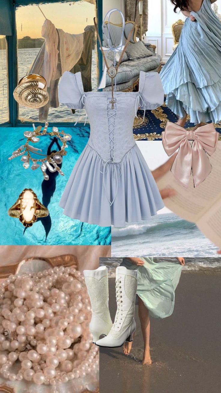 a collage of different images including clothing, shoes and jewelry in blue tones with pink accents