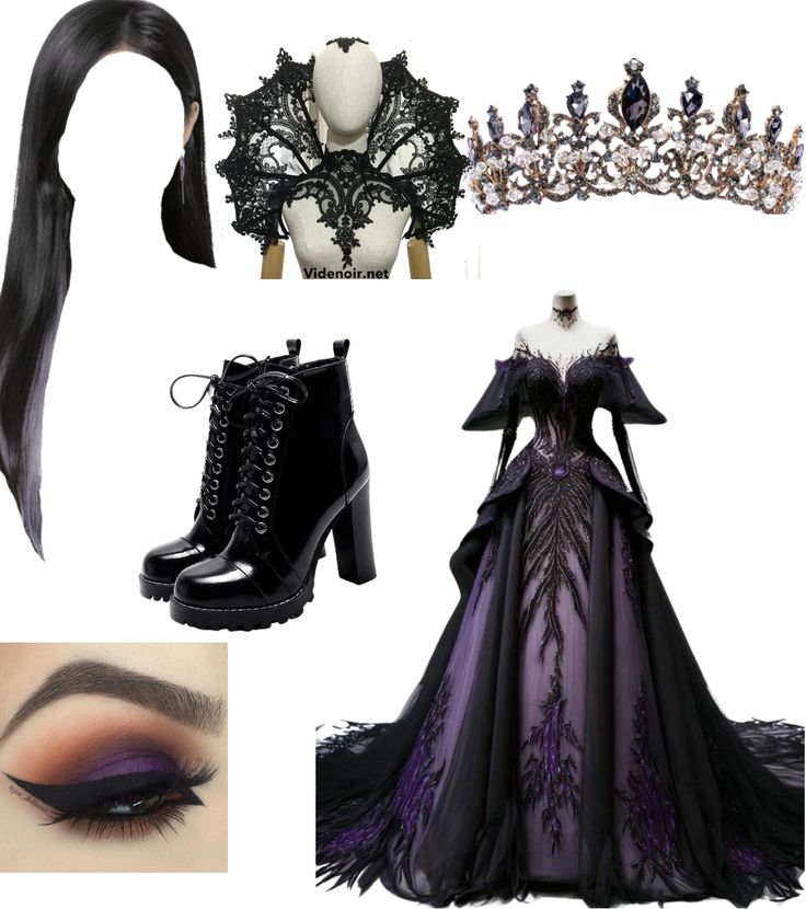 Evil Queen Theme Party, Evil Queen Aesthetic Outfit, Evil Queen Outfit Ideas, Evil Outfits Aesthetic, Malificiant Aesthetic, Evil Queen Disneybound, Dark Princess Costume, Black Hair Silver Streak, Evil Queen Costume Diy