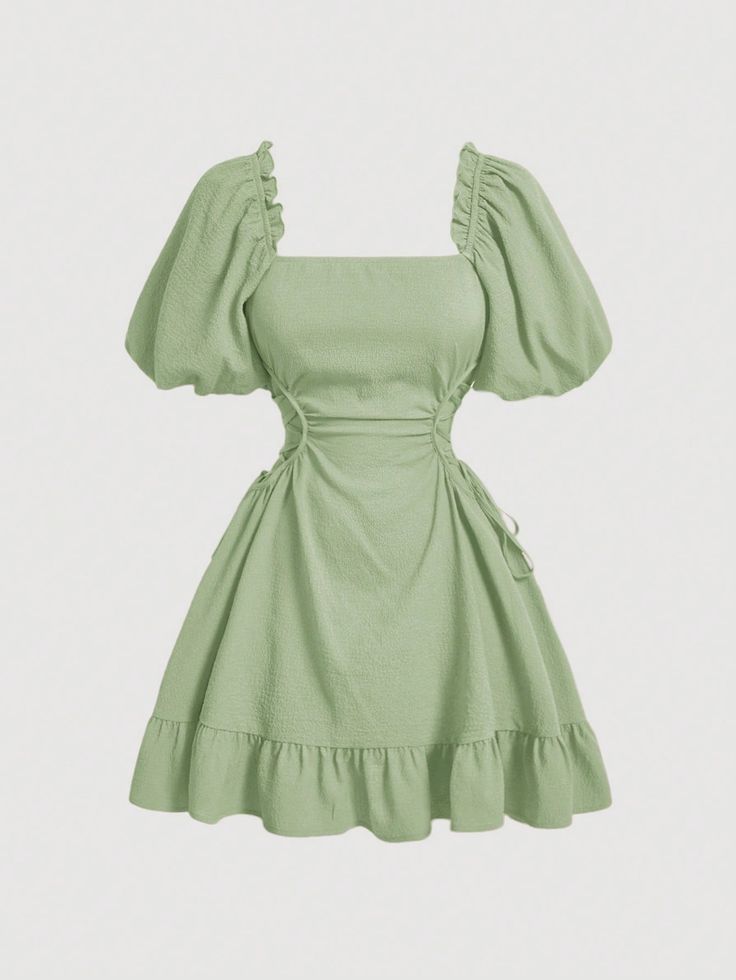 Solid Lace Up Side Ruffle Hem Dress For Summer Green Boho  Short Sleeve Woven Fabric Plain A Line Slight Stretch Summer Women Clothing, size features are:Bust: ,Length: ,Sleeve Length: Sage Green Wedding Guest Dress Short, Sage Green Bridesmaid Dresses For Kids, Sage Green And White Dress, Short Green Fairy Dress, White Dress With Green Flowers, Light Green Homecoming Dress, Side Lace Up Dress, Homecoming Dresses Sage Green, Mint Green Quinceanera Theme