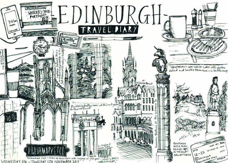 a black and white drawing of edinburgh travel diary