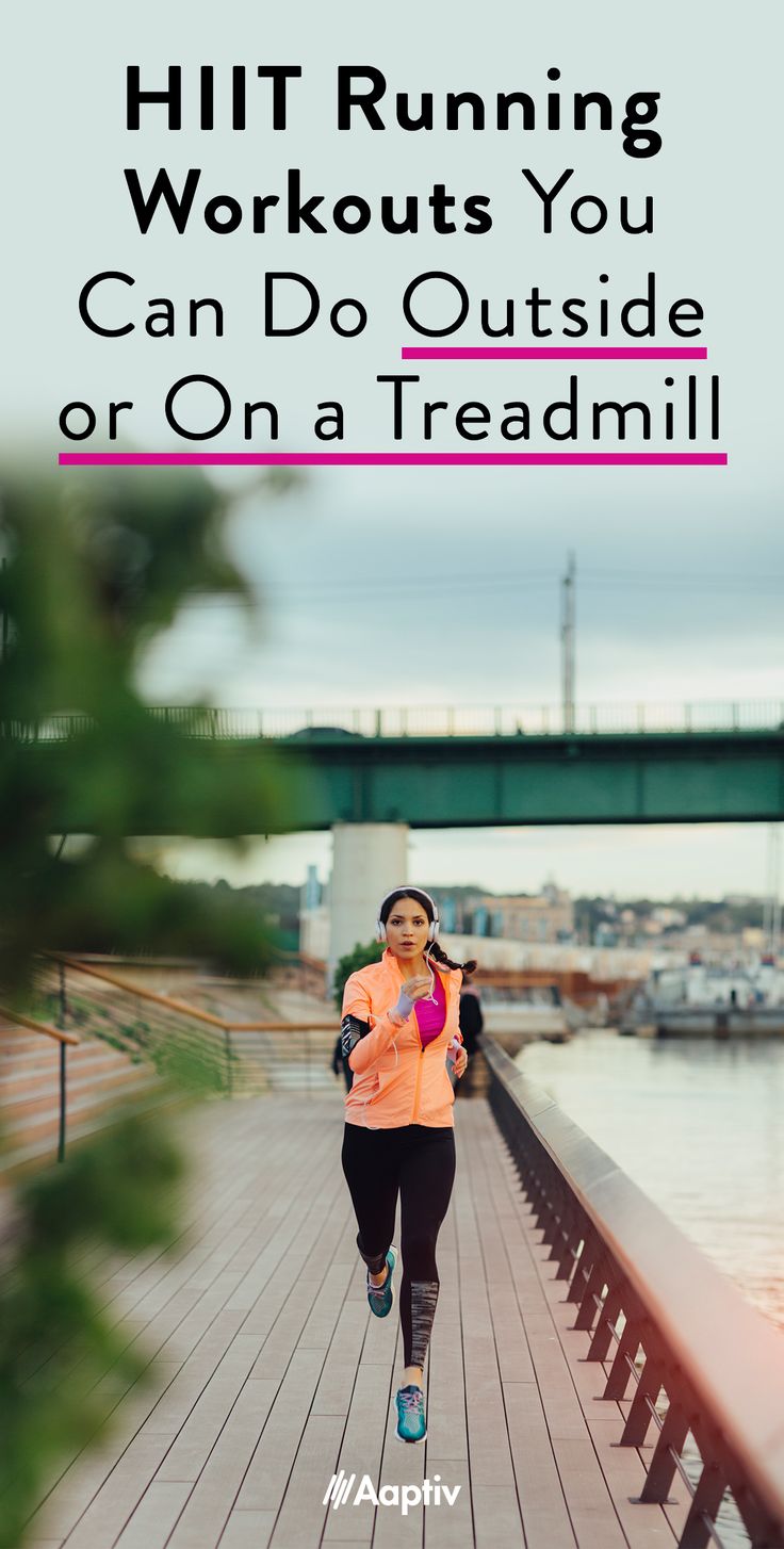 a woman jogging on a boardwalk with the words hit running workouts you can do outside or on a treadmill