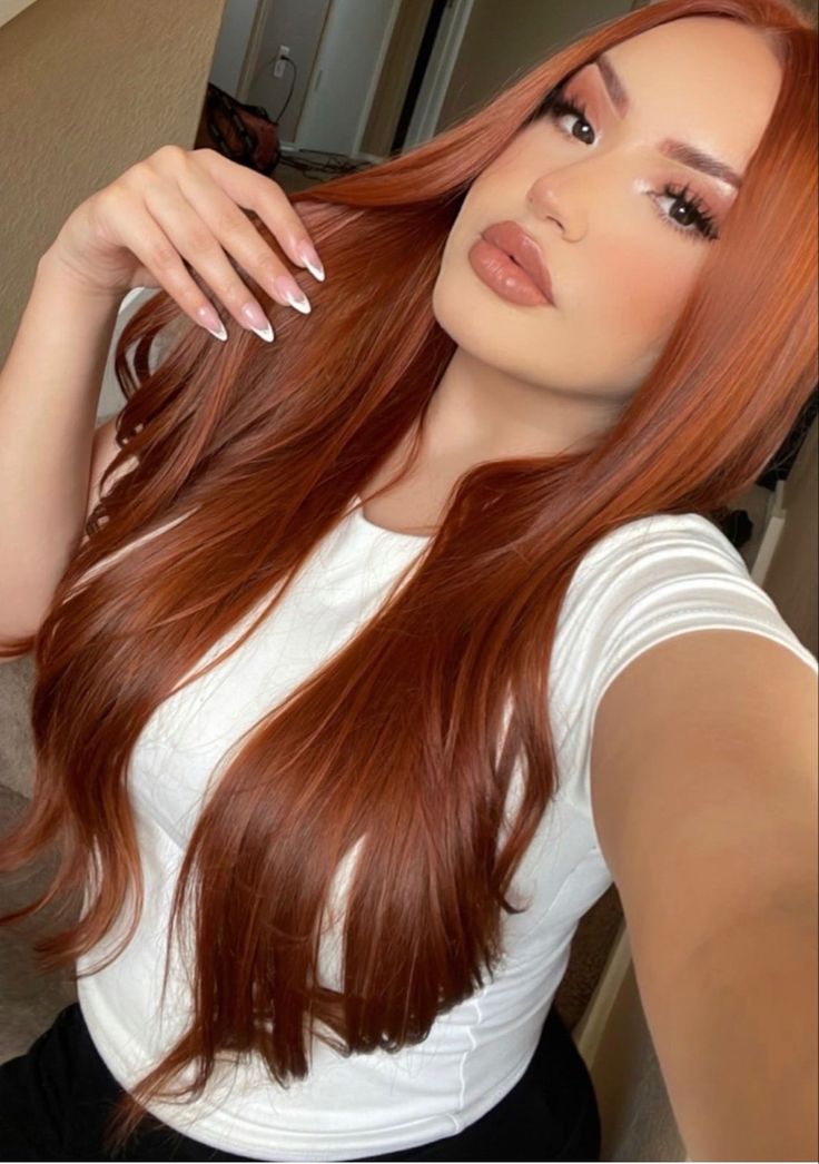 Outfits With Copper Hair, Cooper Orange Hair, Sizzling Copper Hair Loreal, Auburn Eyebrows, Cowgirl Red Hair, Hair Color Ideas For Light Skin Tones, Ginger Hair On Latina, Ginger Hair On Tan Skin, Rich Copper Red Hair