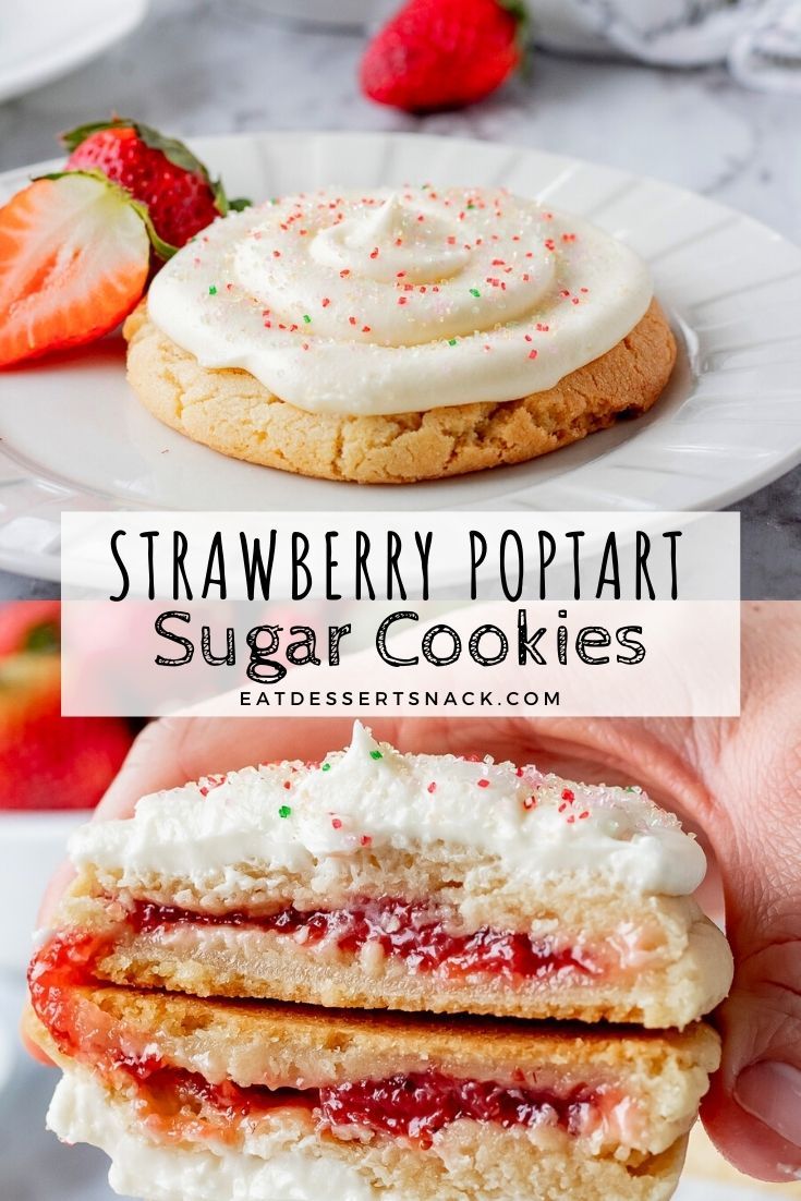 strawberry pop tart sugar cookies with white frosting and strawberries in the background