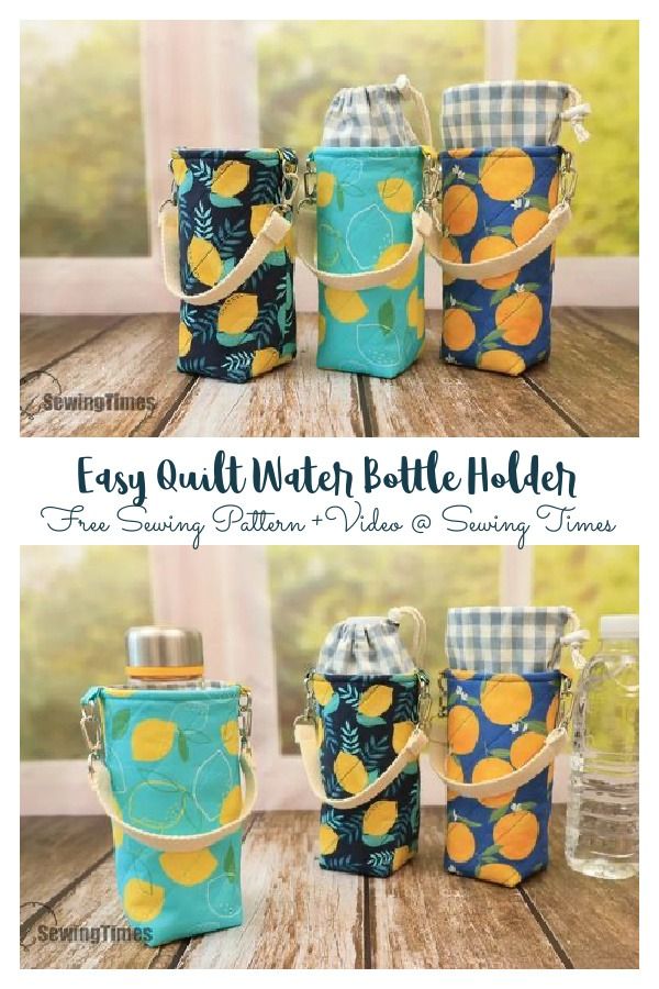 four different views of the same bottle holder, one in blue and yellow with lemons on