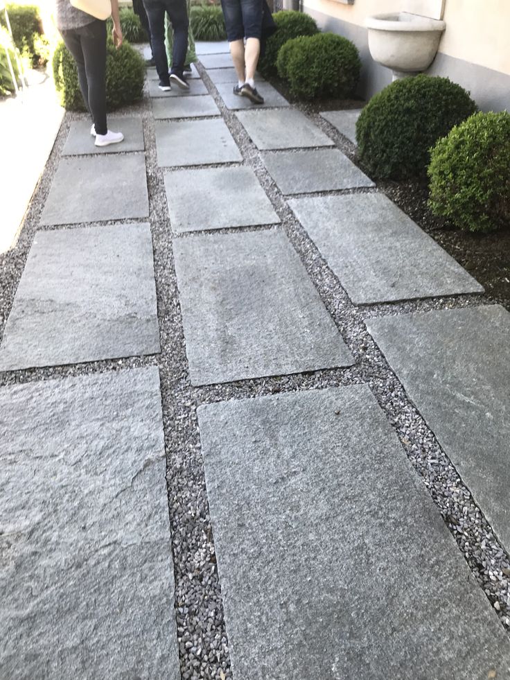 two people walking down a sidewalk next to bushes