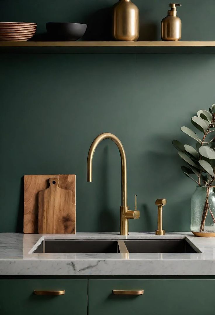 a kitchen sink with brass faucet and marble counter top next to green walls