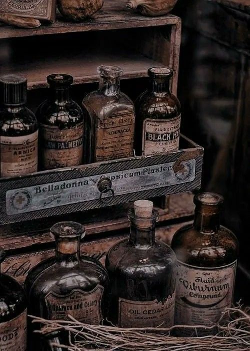 black and white photograph of old medicine bottles in an antique wooden box with barbed wire