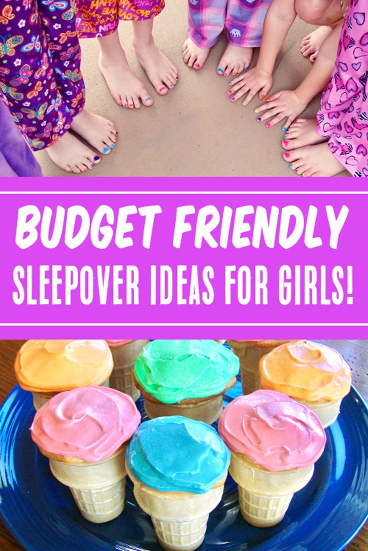 kids standing in front of some ice cream cones with the words budget friendly sleepover ideas for girls