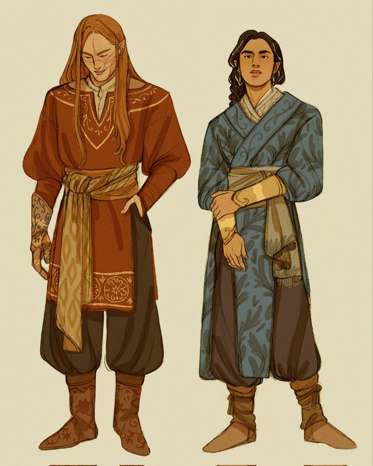 two men dressed in medieval clothing standing next to each other with their hands on their hipss