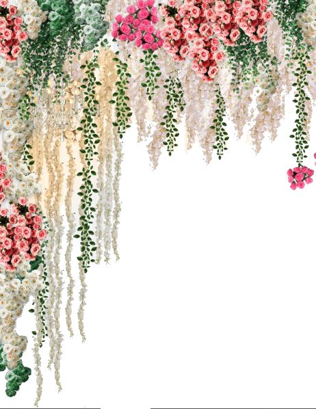 pink and white flowers are hanging from the ceiling