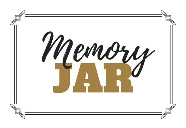 the words memory jar written in black and gold on a white background with a frame around it