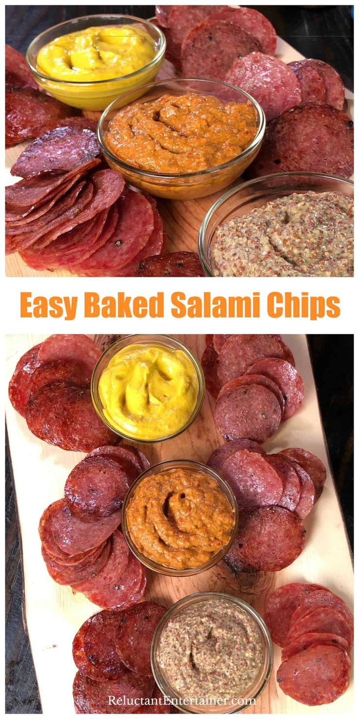 different types of baked salami chips on a cutting board