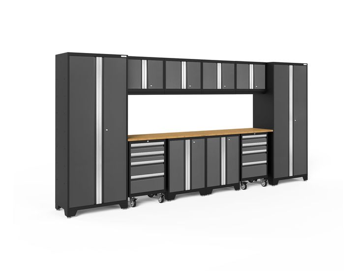 an image of a garage storage unit with drawers and shelves on the front, two doors open