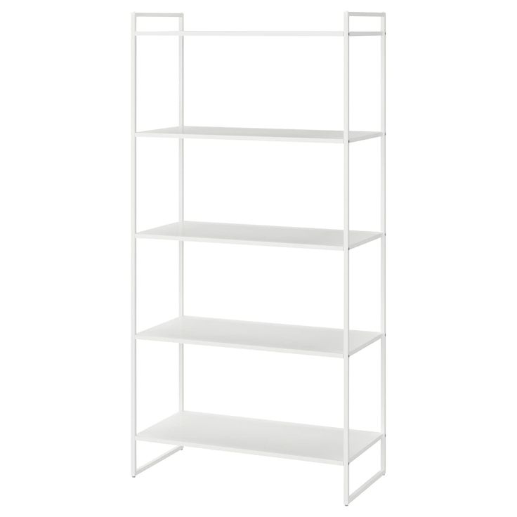 a white shelving unit with four shelves on each side and one shelf in the middle