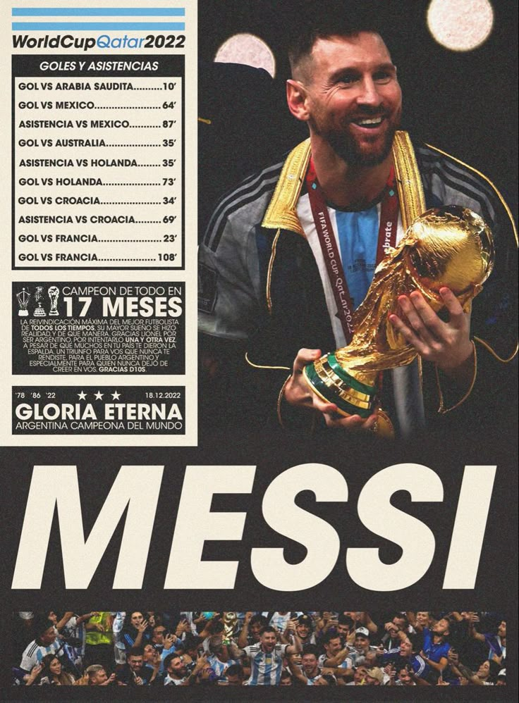 an ad for the soccer world cup with a photo of messi holding his trophy