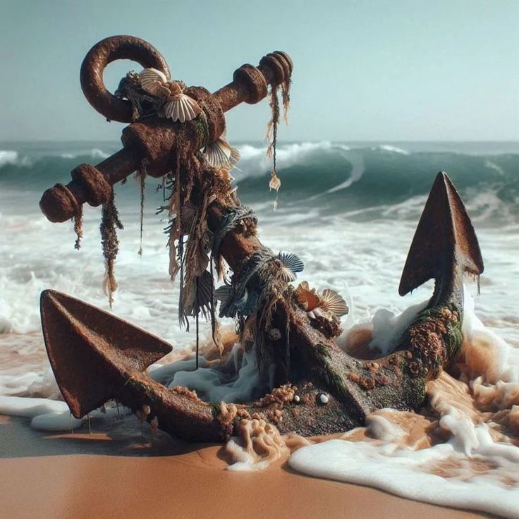 an old anchor on the beach covered in seaweed and other things hanging from it