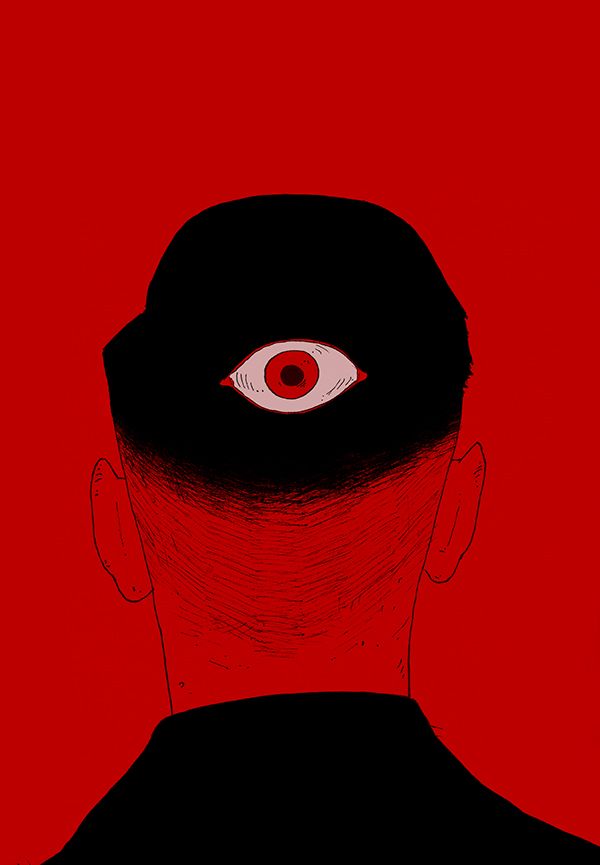 a man's head with an evil eye drawn on it in red and black