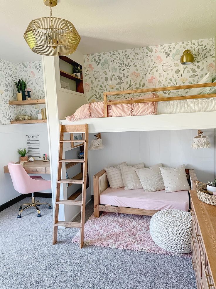 a loft bed with a futon underneath it and a desk in the corner next to it