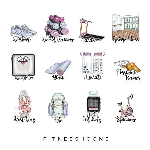 various items that are on top of a white background with the words, fitness icons