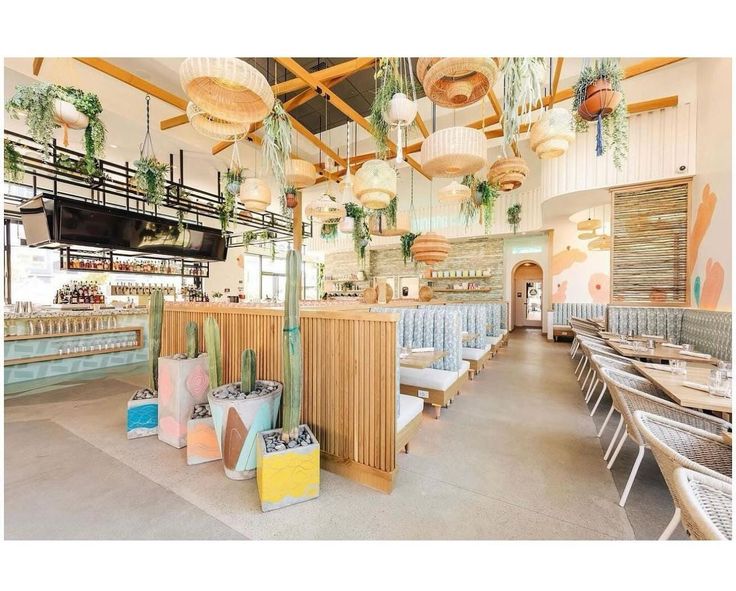 the inside of a restaurant with tables, chairs and plants hanging from the ceiling above