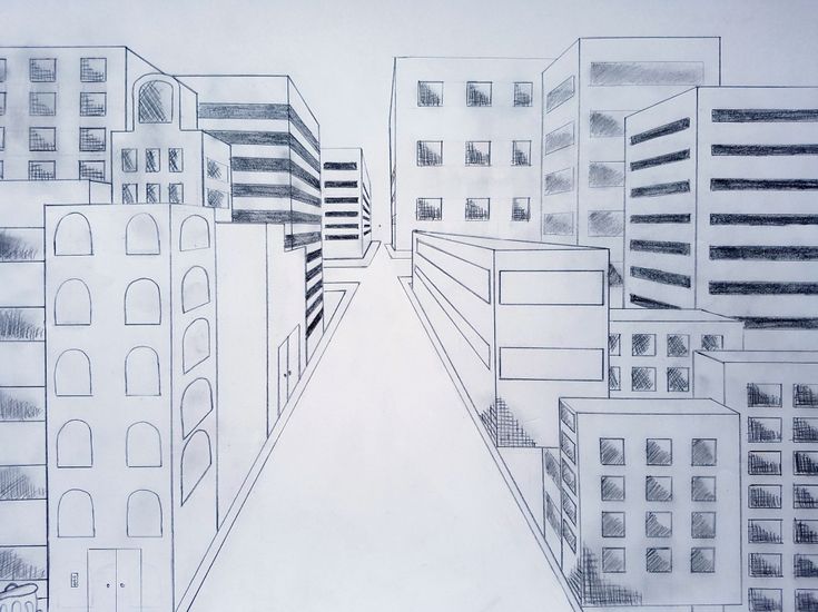 a drawing of a city street with buildings on both sides and one building in the middle