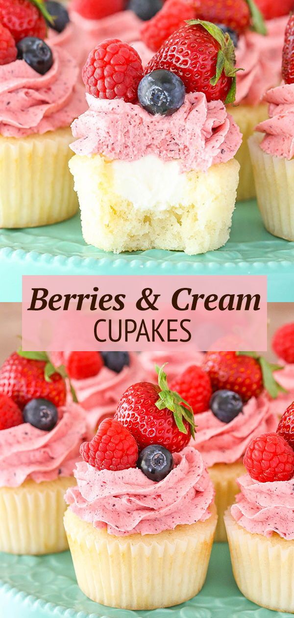 berries and cream cupcakes with raspberry frosting on top are shown