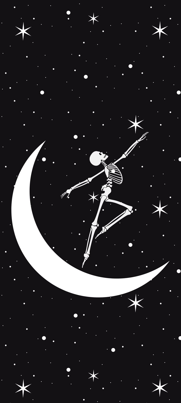 a skeleton is flying over the moon with stars in the night sky behind it,