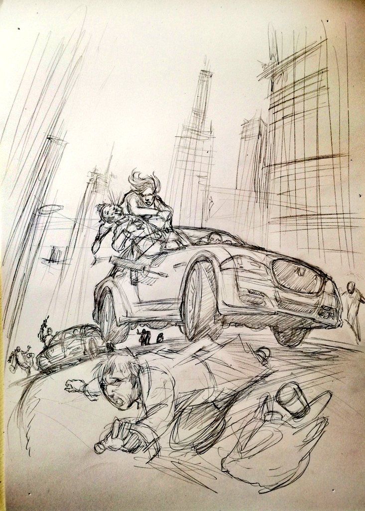 a drawing of a man riding on the back of a car