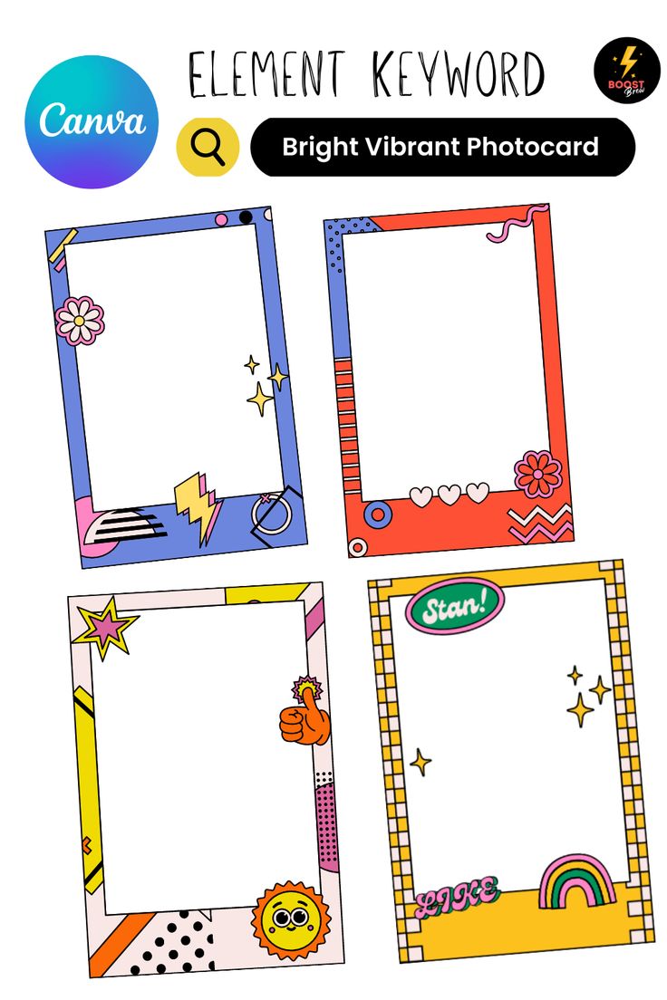 four different colored photo frames with the words element keyword