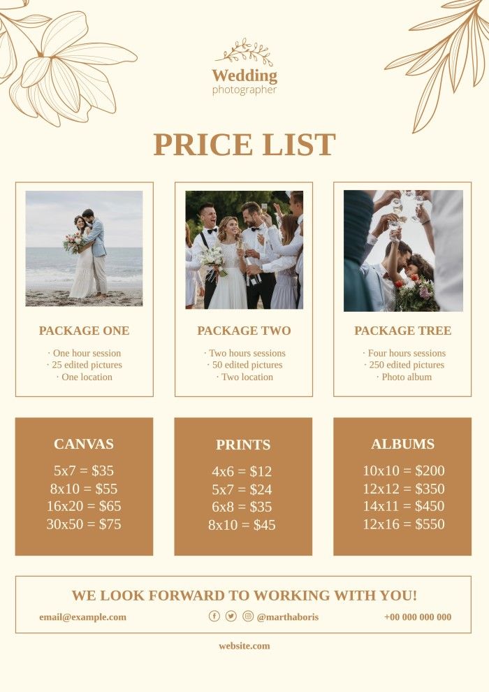 the wedding price list is shown in gold and white, with two photos on it