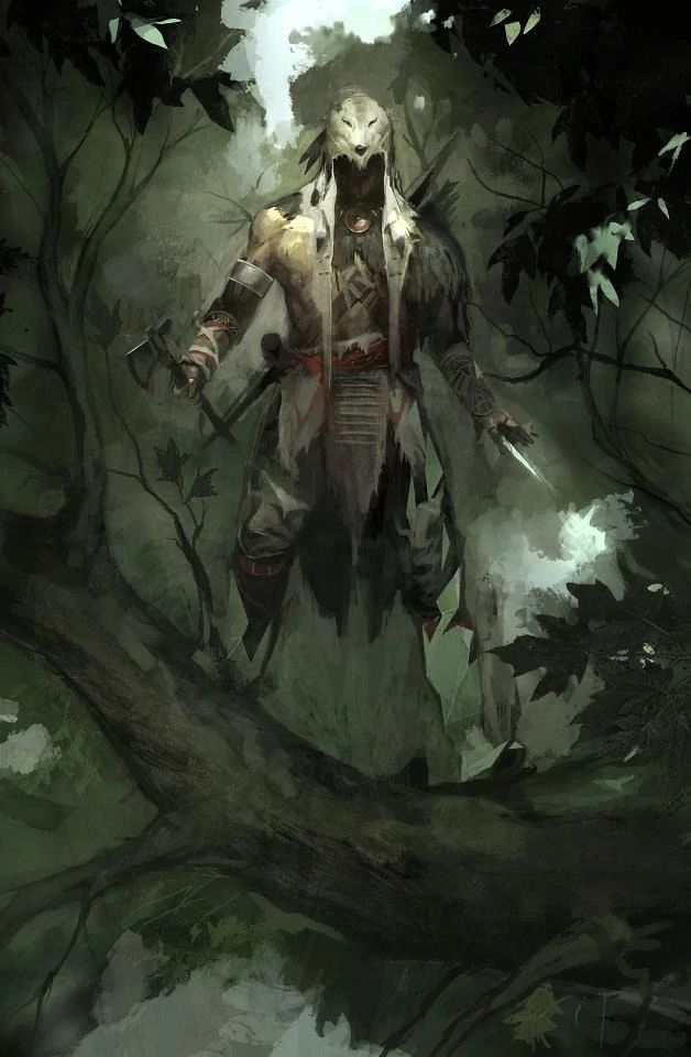 a man standing in the middle of a forest holding two swords