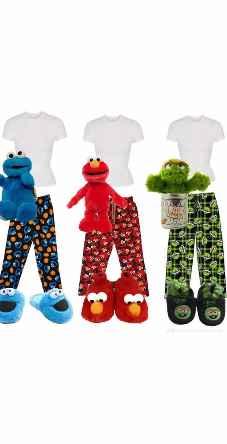 three stuffed animals in pajamas and t - shirts are lined up next to each other