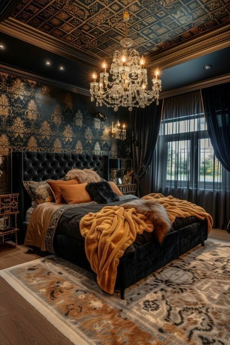 a large bed sitting under a chandelier in a bedroom next to a window