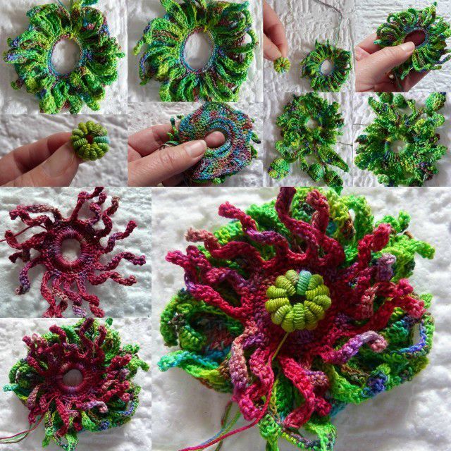 crocheted flowers are being made with yarn