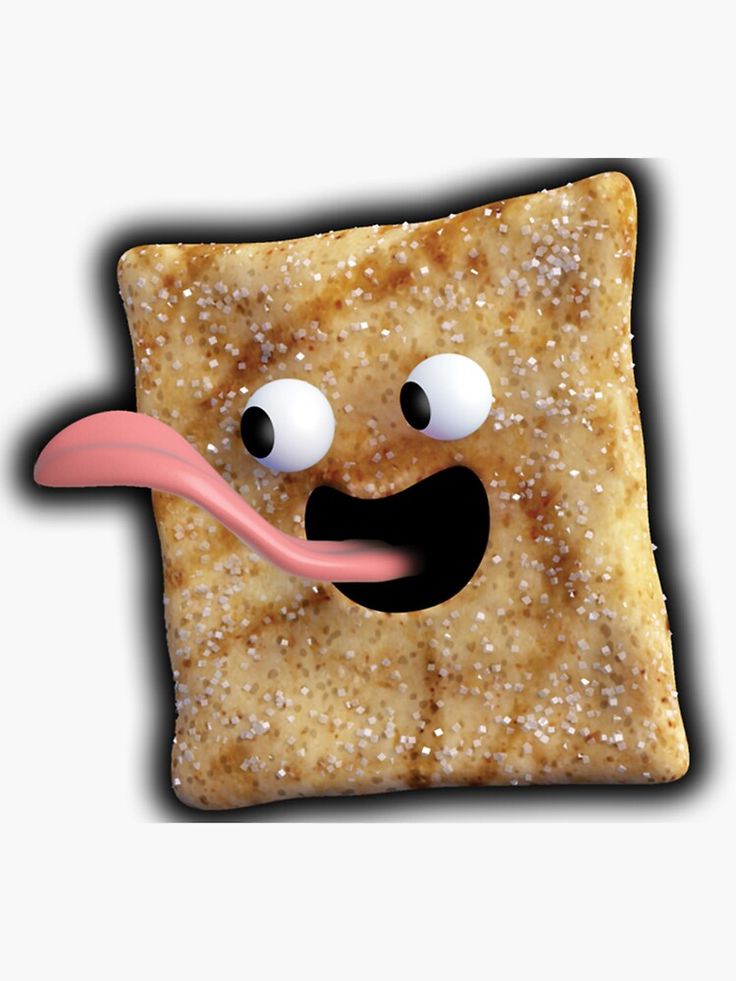 a square piece of bread with eyes and a pink tongue sticking out of it's mouth