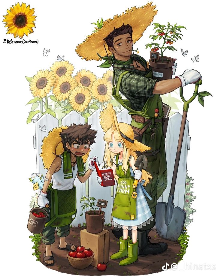 an image of two people with sunflowers and gardening equipment in front of them