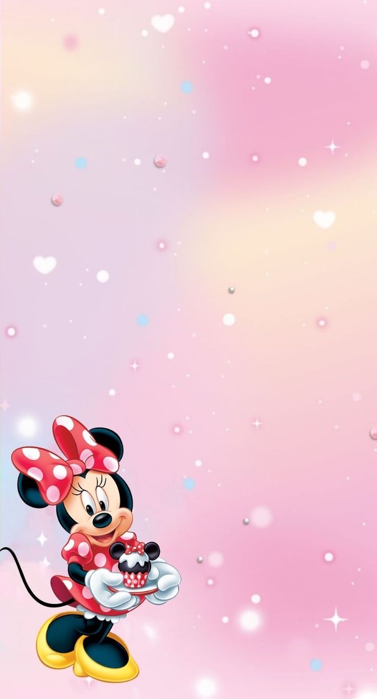 a minnie mouse wallpaper with pink and blue bubbles in the background, as well as hearts